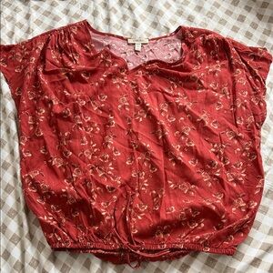 Rust Red Floral Short Sleeve Drawstring Blouse